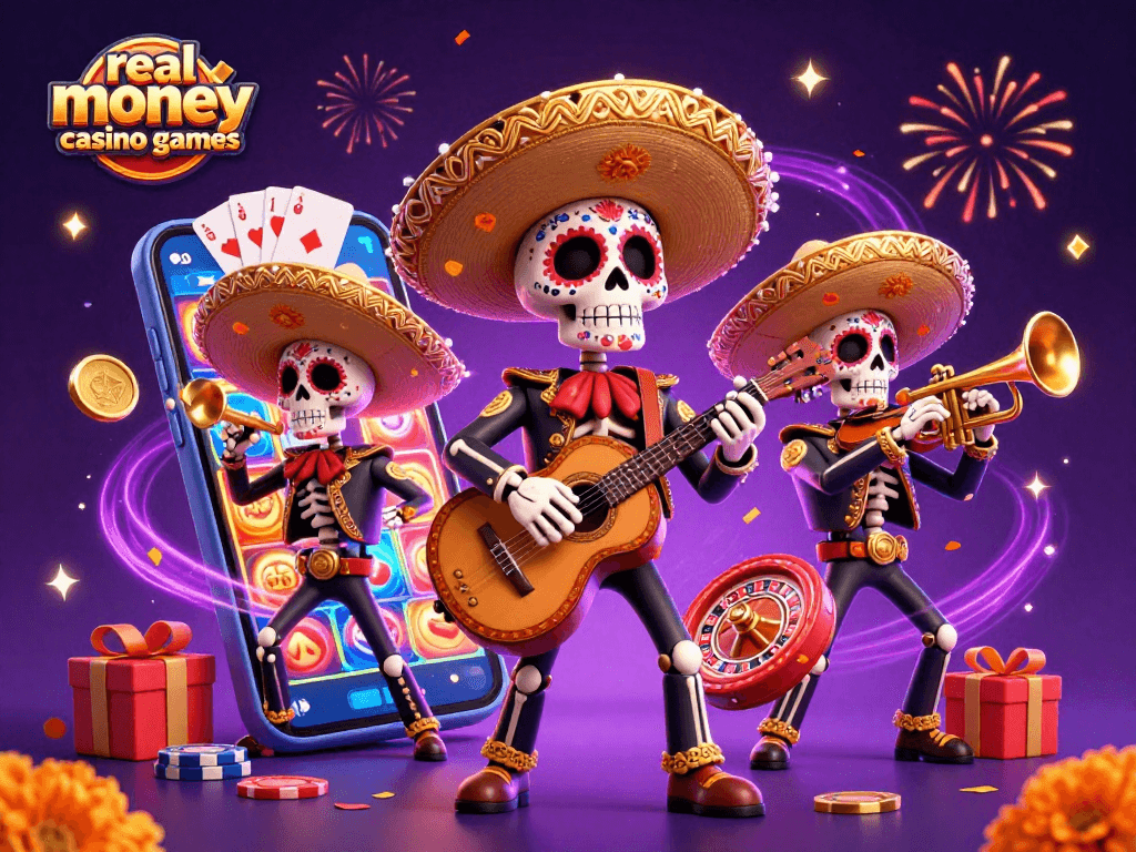 Experience thrilling real money casino games with a vibrant mariachi band amidst dynamic gaming elements.