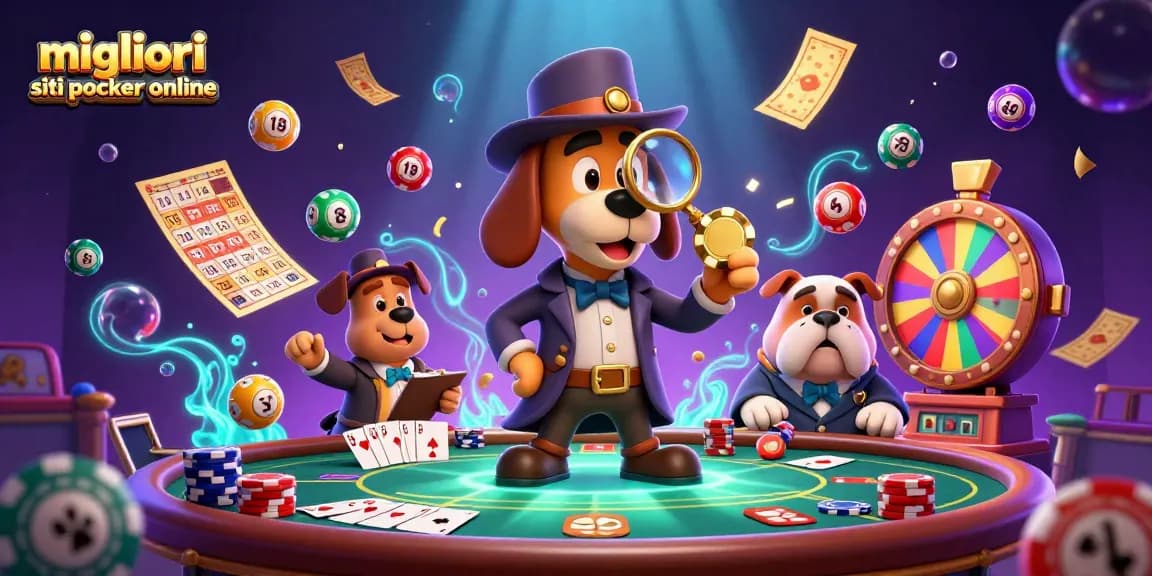 Migliori siti poker online con un detective e un bulldog tra poker e biglietti dorati, atmosfera di gioco vibrante.
