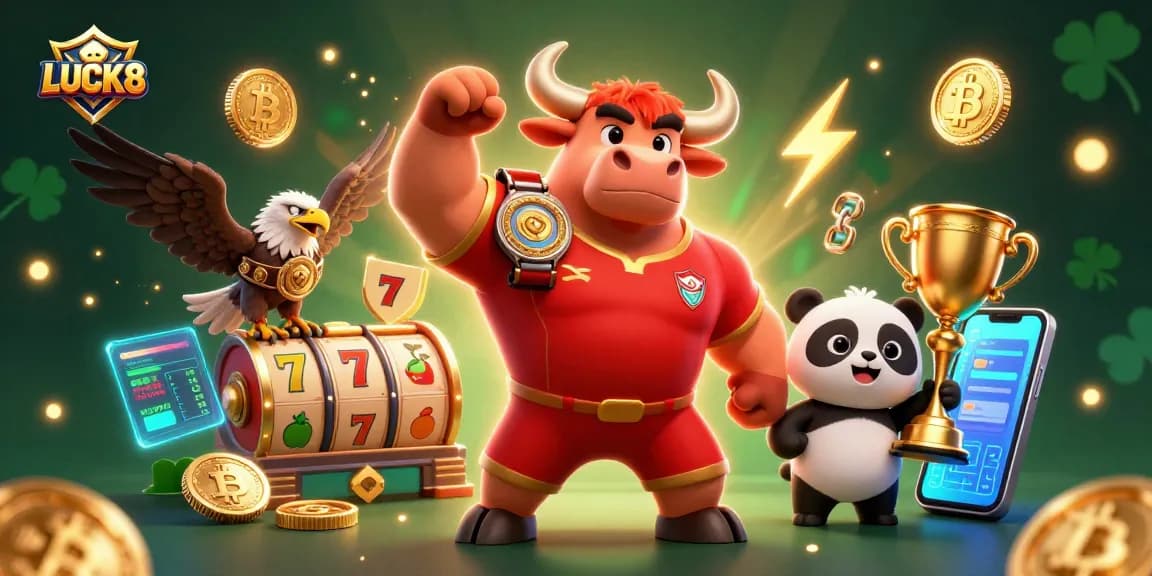 Experience thrilling wins at LUCK8, illustrated with vibrant casino elements and dynamic characters.