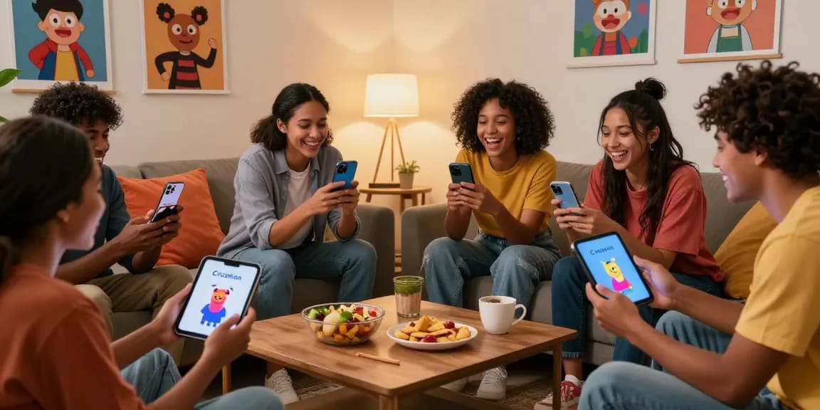 Friends enjoying Crushon AI characters in a cozy living room, capturing playful interactions.
