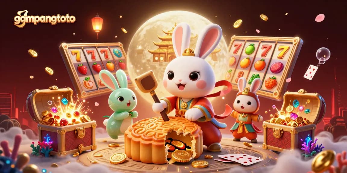 Experience excitement with gampangtoto as the moon rabbit reveals hidden poker chips amidst vibrant gaming elements.