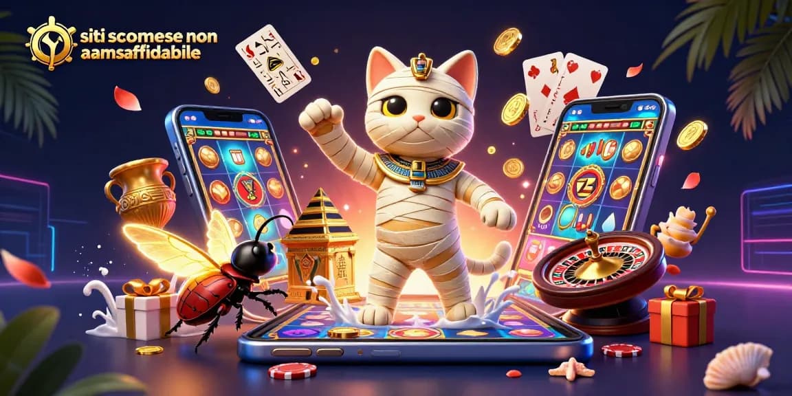 Illustrazione 3D di una mummia felina e uno scarabeo che rappresentano siti scommesse non AAMS affidabili.
