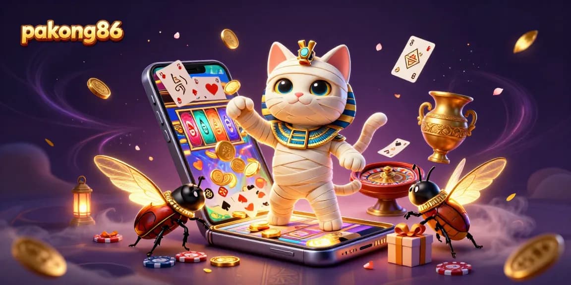 Pakong86 brings excitement with an Egyptian mummy cat and casino games in a vibrant scene.