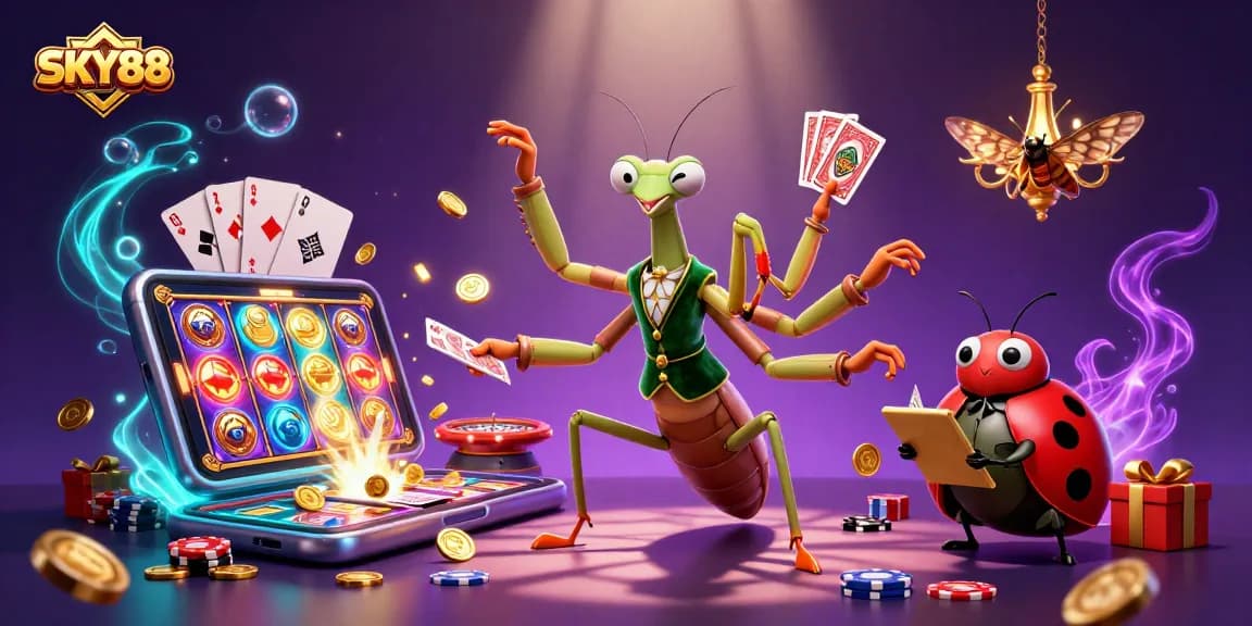 Engage in thrilling gameplay with SKY88's vibrant casino scene featuring dynamic characters and exciting gaming elements.