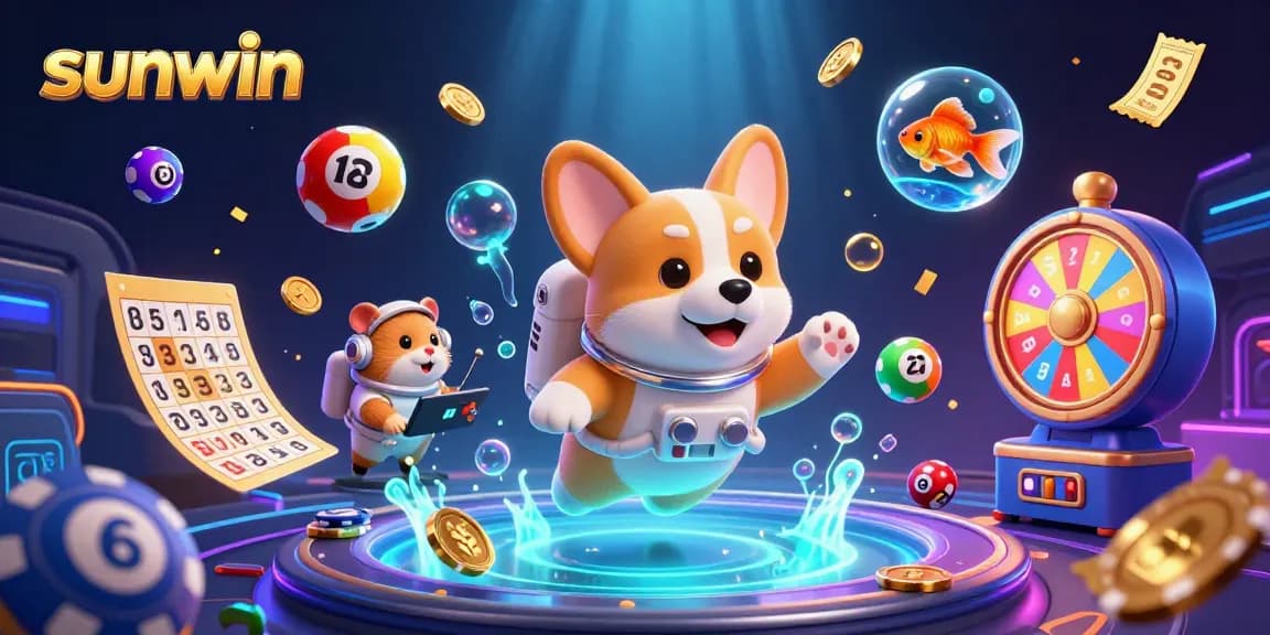 Experience the thrill of gaming at sunwin with a cartoon astronaut corgi in a vibrant casino setting.