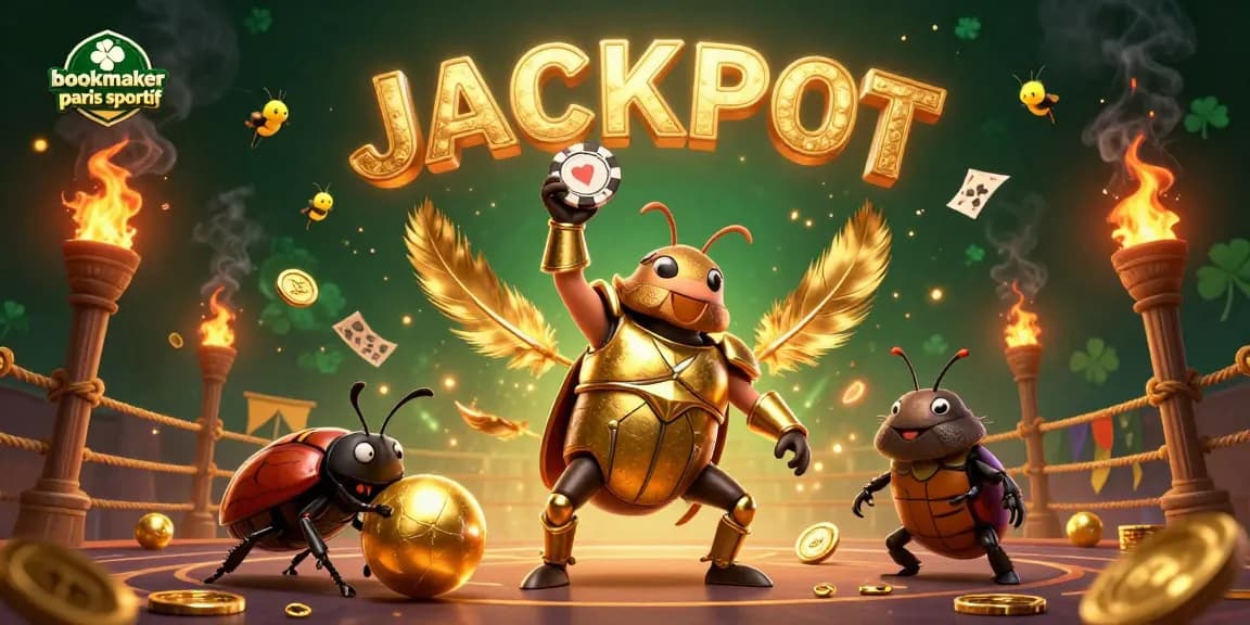 Illustration dynamique représentant un bookmaker paris sportif avec des personnages ludiques dans une arène de jeu.