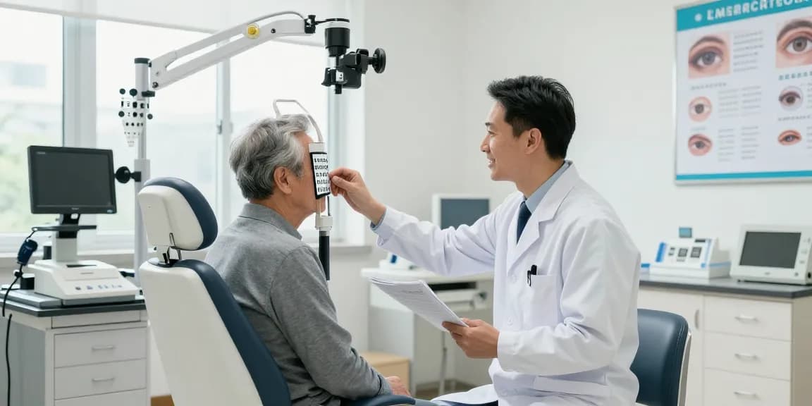 An elderly patient undergoing a 黃斑病變檢查 in a modern eye clinic, with supportive staff and a warm environment.