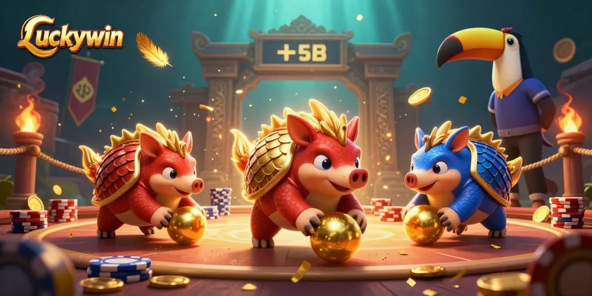 Engage in thrilling gameplay with Luckywin as pangolins navigate poker chips and golden prizes.