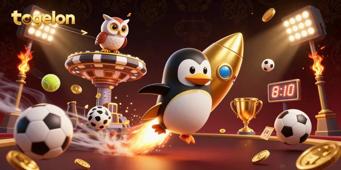 Engaging togelon scene with a golden penguin and dynamic sports elements in a casino space.
