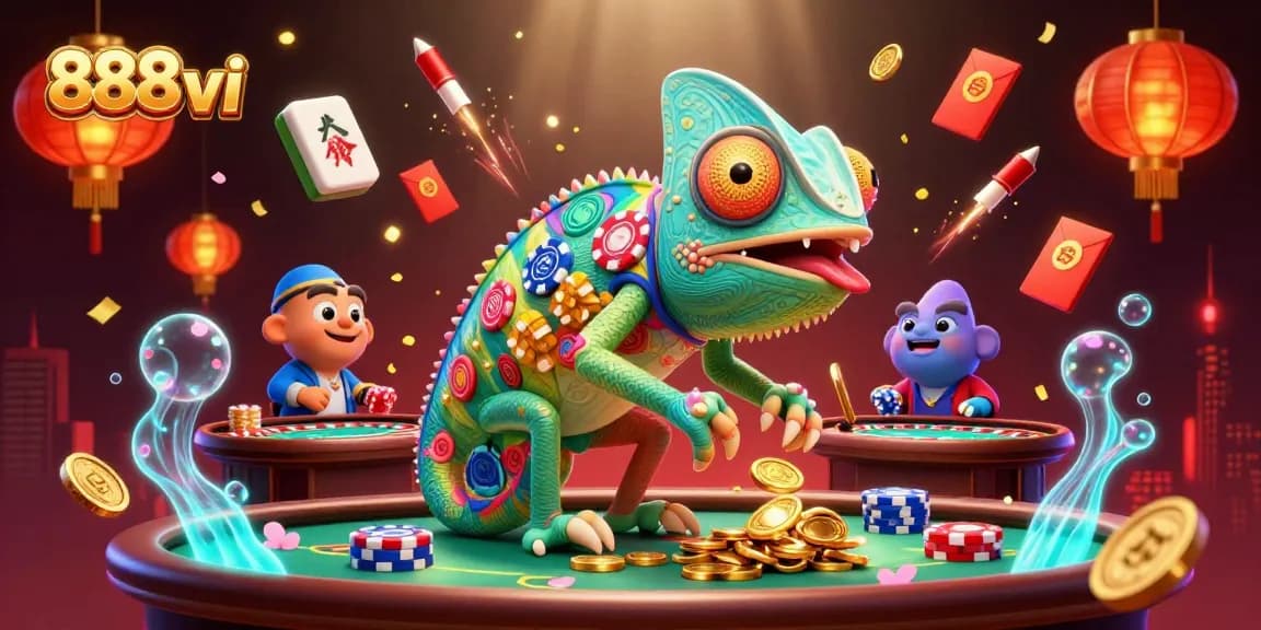 Experience thrilling gameplay at 888vi with vibrant casino elements and an engaging chameleon mascot.