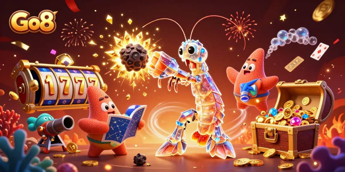 Go8 showcases stunning slot elements amidst an action-packed cosmic casino scene.