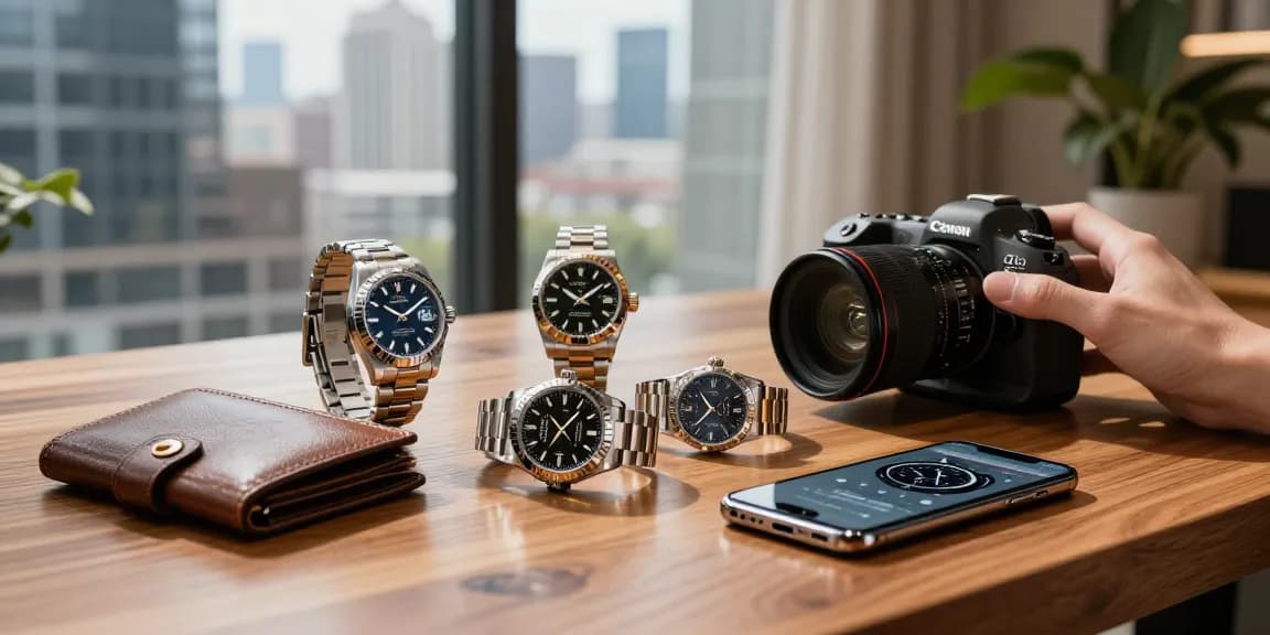 Explore luxury clone watches on a polished table, highlighting premium quality and urban sophistication.