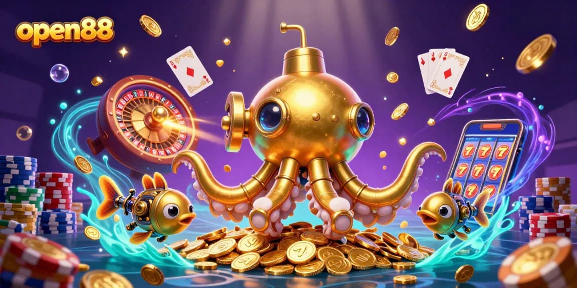 Experience thrilling action with open88, as a golden kraken submarine emerges amidst sparkling coins and dynamic game elements.
