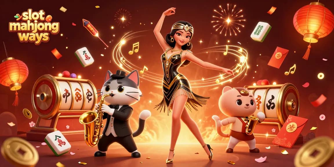 Experience slot mahjong ways with vibrant characters, festival elements, and celebratory visuals.
