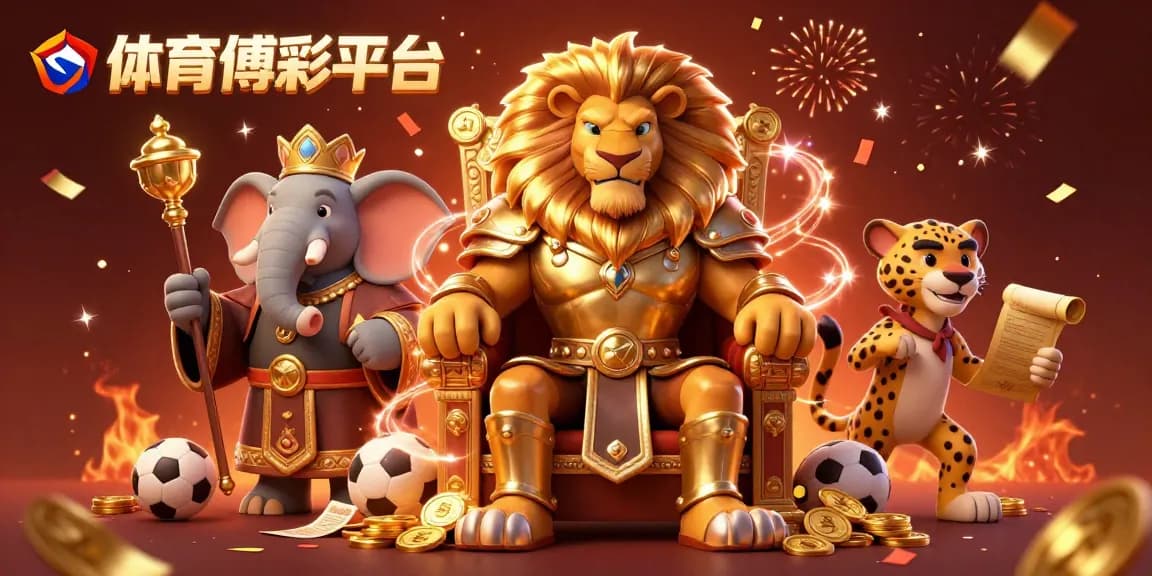 在體育博彩平台上，獅王和他的顧問們慶祝勝利，散落的運動球和投注單環繞著他們。