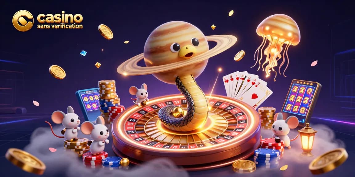 Jouer au casino sans vérification avec une illustration de roulette et des astronautes sur les anneaux de Saturne.