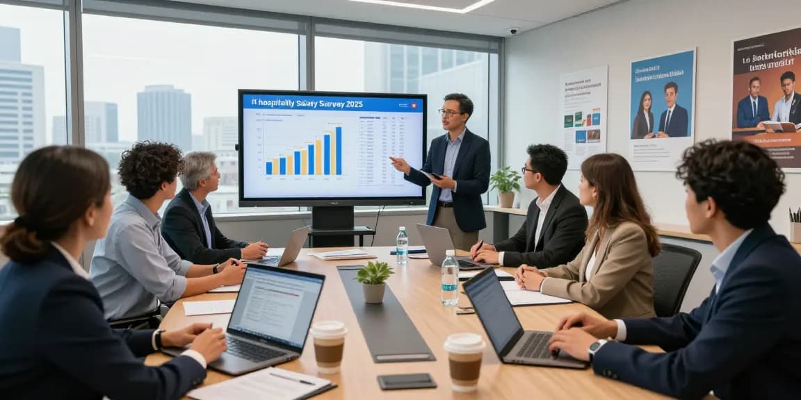 Team discussing insights from the hospitality salary survey 2025 in a modern conference room, presentation visuals and collaborative atmosphere.