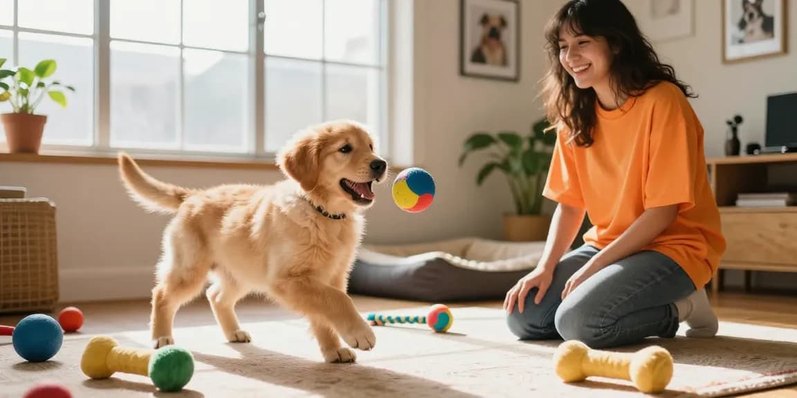 Golden retriever puppy playing fetch with owner, enjoying NAGA2000 pet toys.