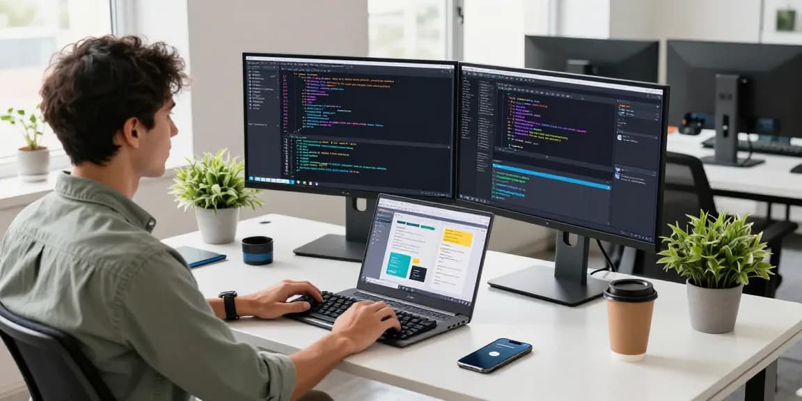快连 software development workspace with dual monitors displaying code and app designs.