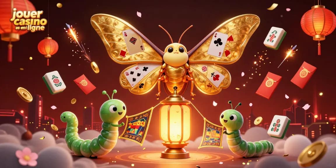 Jouer au casino en ligne avec une illustration riche mettant en avant un papillon 3D et des éléments de jeux variés.