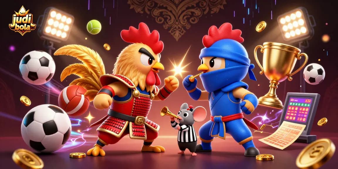 Engage in judi bola with an action-packed scene featuring roosters, sports balls, and vibrant elements.