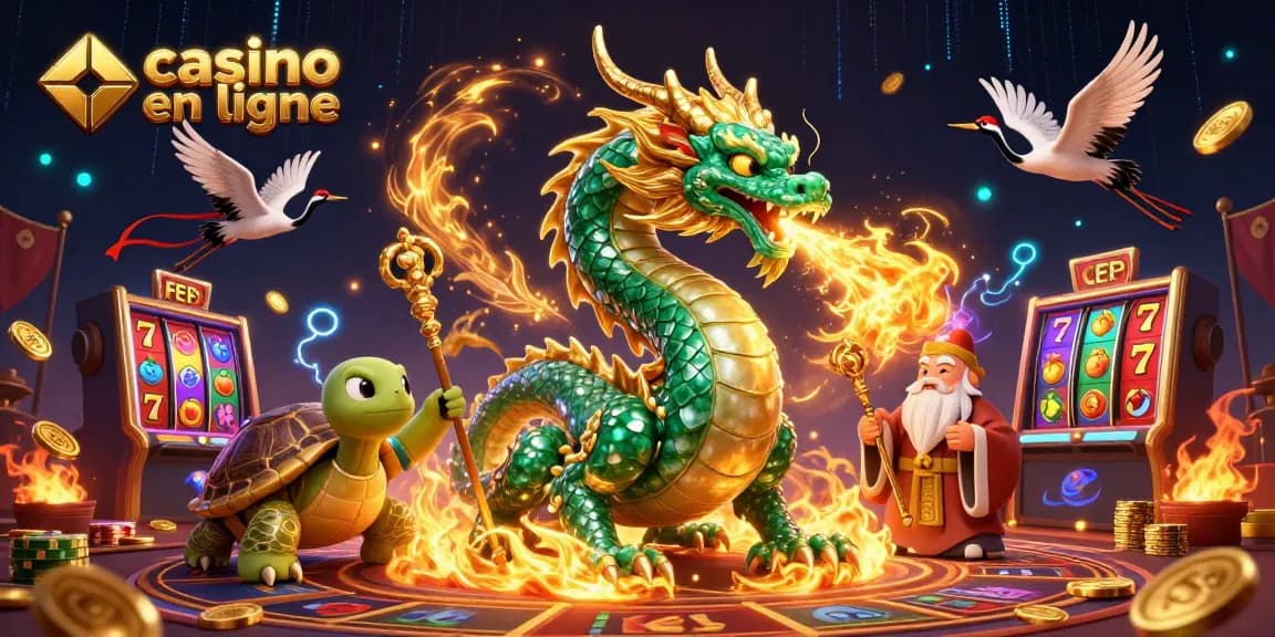 Visitez le casino en ligne avec un dragon jade et des machines à sous en fond dynamique.