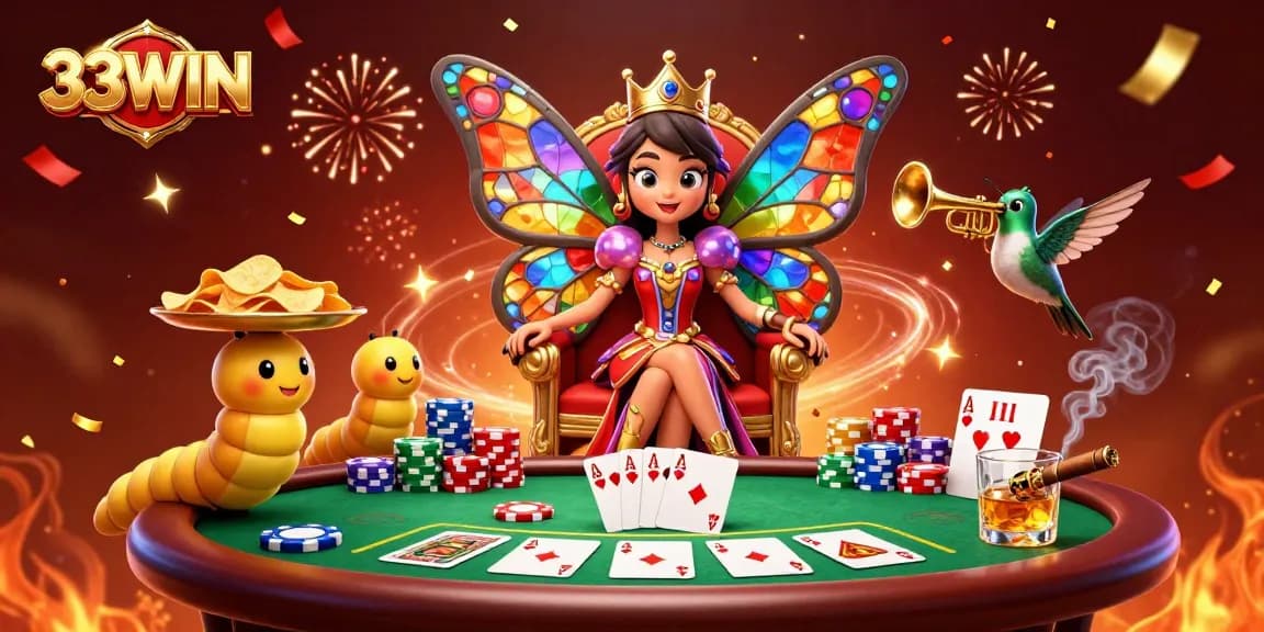 Engage with 33WIN's vibrant casino scene featuring a butterfly queen, poker elements, and festive details.