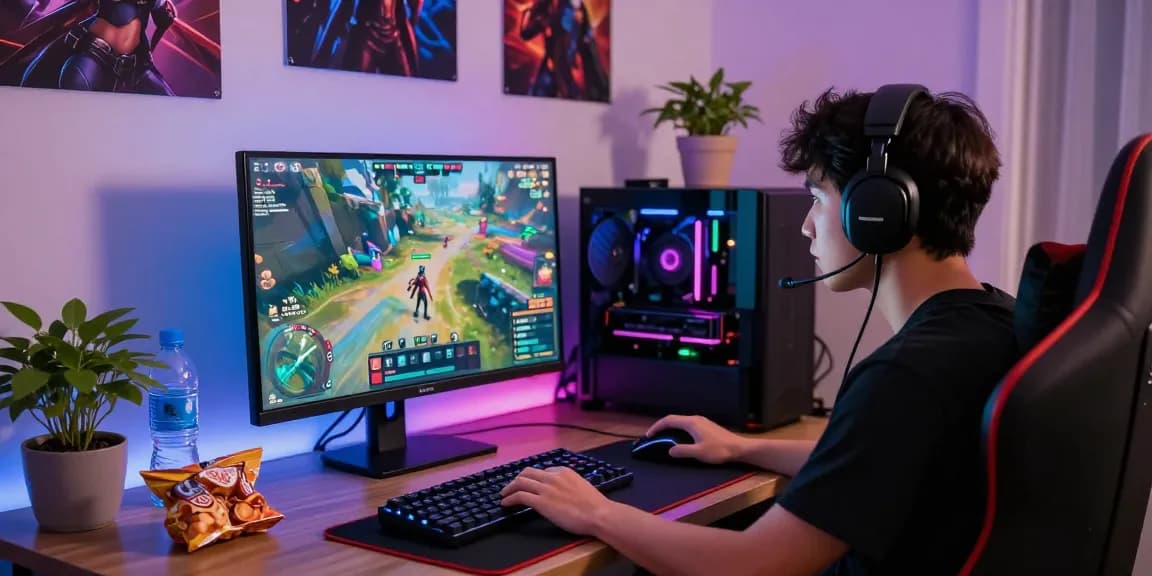 Pengguna JURAGAN77 sedang fokus bermain game dengan perangkat modern dan lampu RGB.