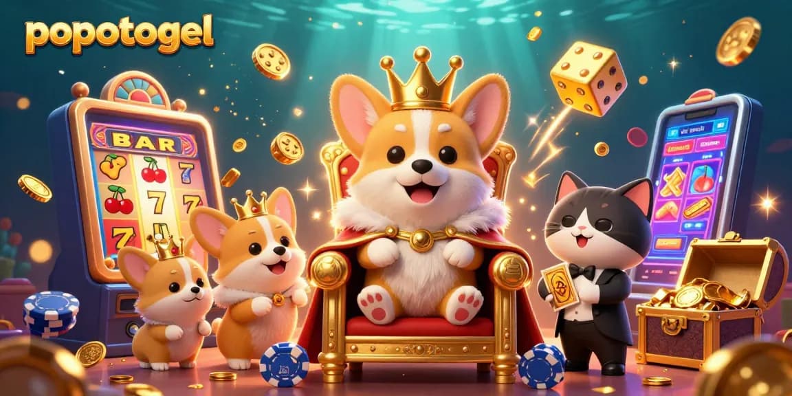 Experience popotogel excitement with a corgi king in a vibrant casino scene filled with gaming elements.