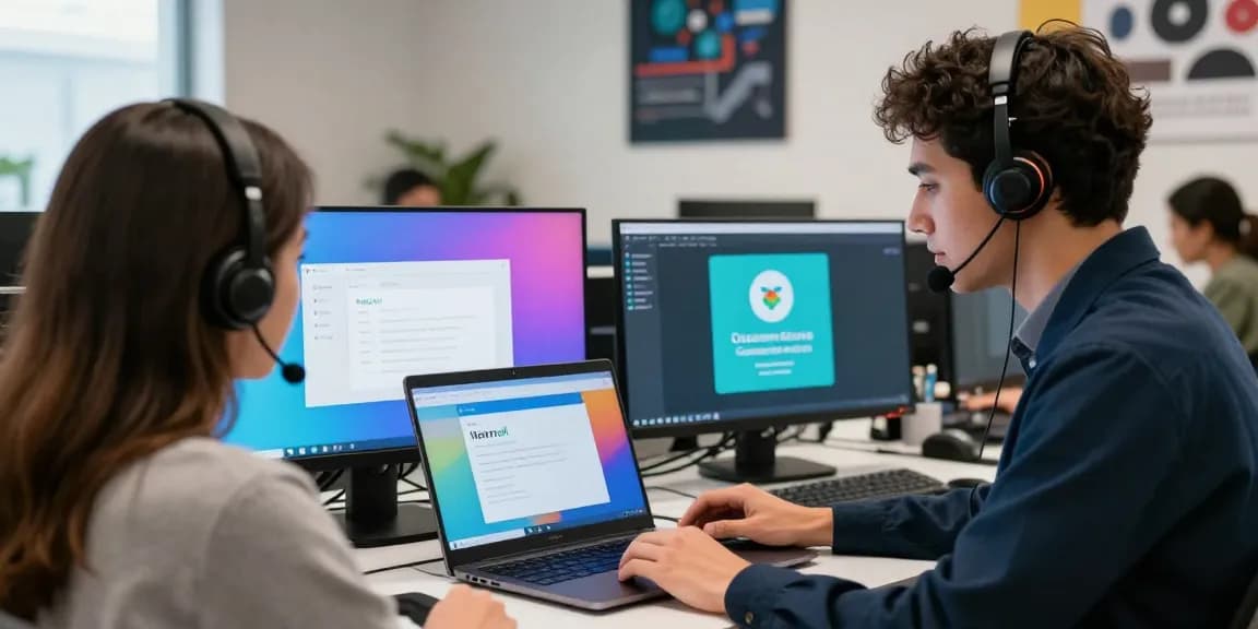 Professional Telus-Technical-Support assisting a user in a modern office with technical materials.