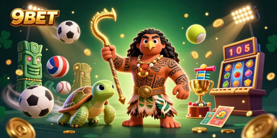 Engage with thrilling games at 9BET, showcasing dynamic 3D characters and vibrant casino elements.