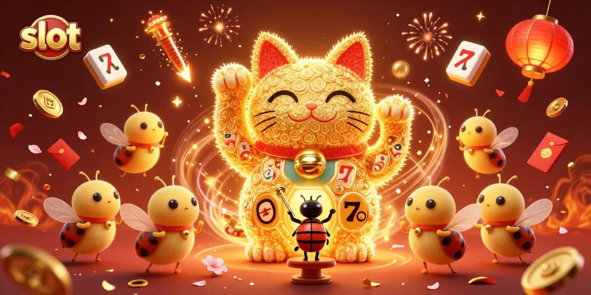 Permainan slot yang mempesona dengan efek berkilauan dan simbol keberuntungan di latar belakang