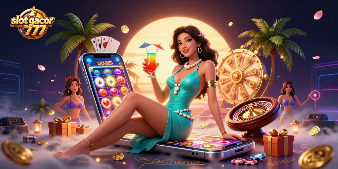 Experience thrilling gameplay with slot gacor 777 in an engaging beach casino illustration featuring glamorous themes.