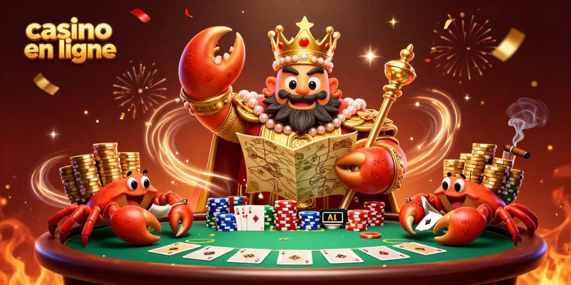 Jouer à des jeux au casino en ligne avec un empereur crabe en or et des jetons brillants.