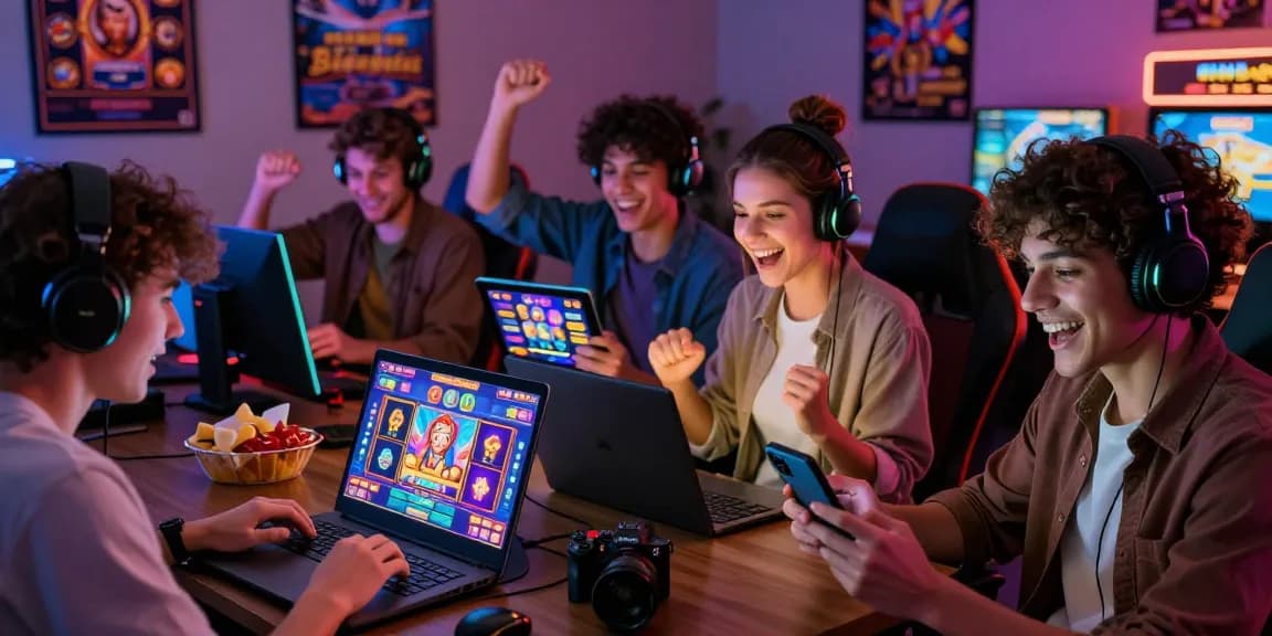 Players enjoying a kecak4d online slot game in a vibrant gaming setup, showcasing excitement and winning moments.