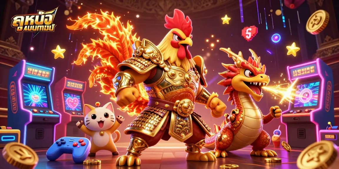 Engaging scene of ดูหนังออนไลน์ featuring a rooster warrior and dragon hatchling amidst vibrant casino game elements.