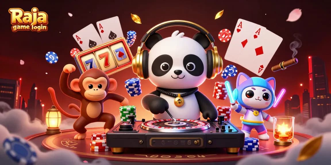 Engage in thrilling gaming with Raja game login, alongside vibrant 3D characters in a lively casino setting.