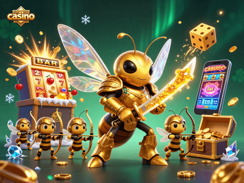 Engage in casino thrills with a vibrant scene of golden hornets amidst slot machines and dazzling game symbols.
