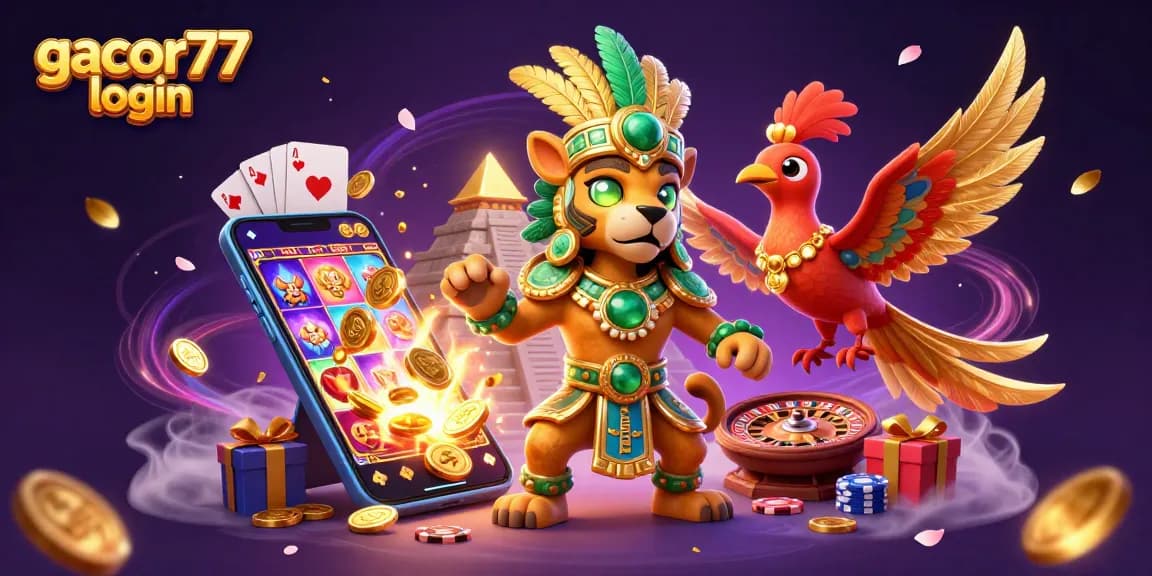 Permainan gacor77 login yang menarik dengan simbol slot yang menang dan elemen kasino lainnya.