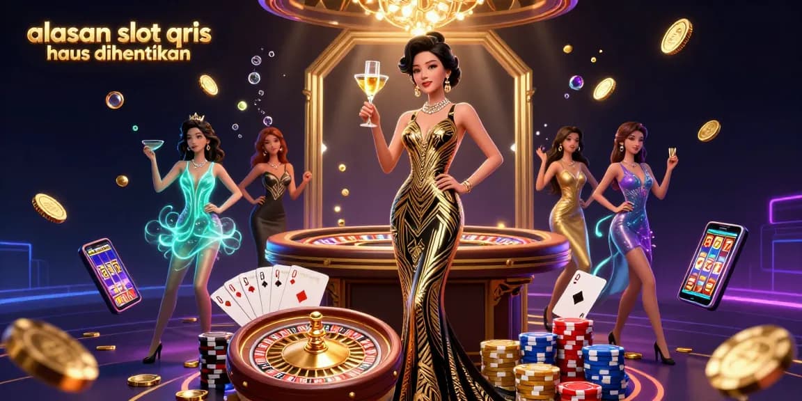 Engaging scene depicting the warning about alasan slot qris harus dihentikan with a glamorous casino atmosphere full of action.