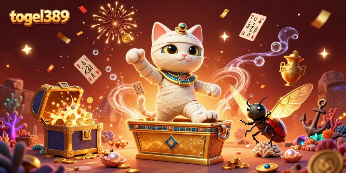Immerse yourself in togel389 with a vibrant illustration of a mummy cat and a scarab beetle in a casino scene.