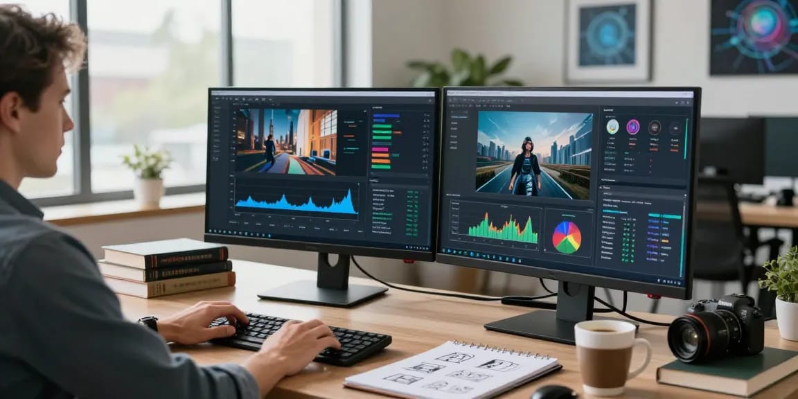 Data analyst using a free ai detector to analyze images in a modern workspace.