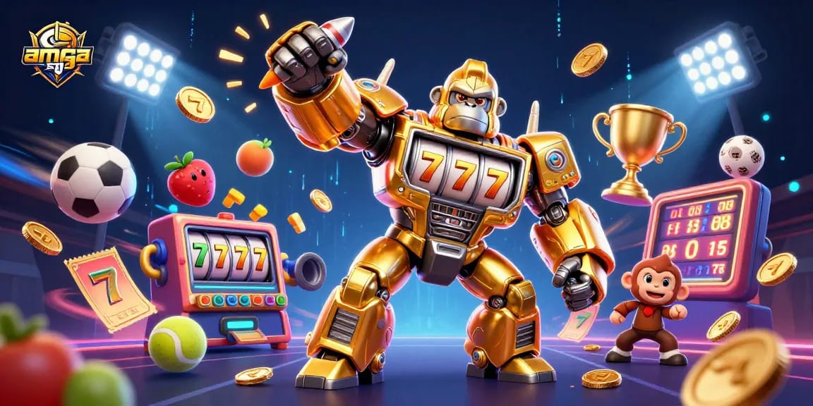 Experience thrilling wins with amg-spa's dynamic casino scene featuring a golden gorilla mech and vibrant slot elements.