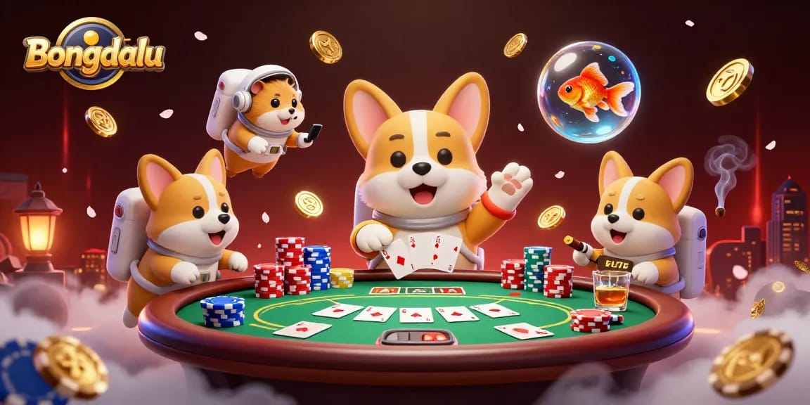 Bongdalu provides dynamic casino experience with floating astronaut, poker chips, and playful characters.