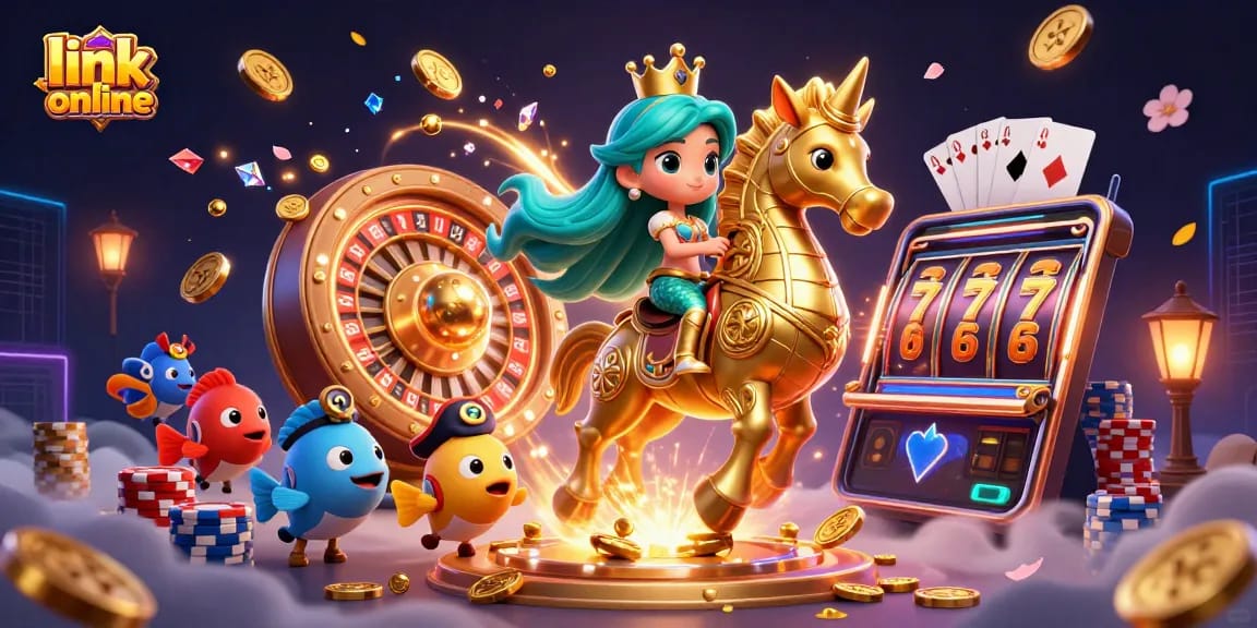 Rasakan keseruan dengan link slot online dalam ilustrasi kasino 3D yang cerah menampilkan elemen permainan yang menarik.