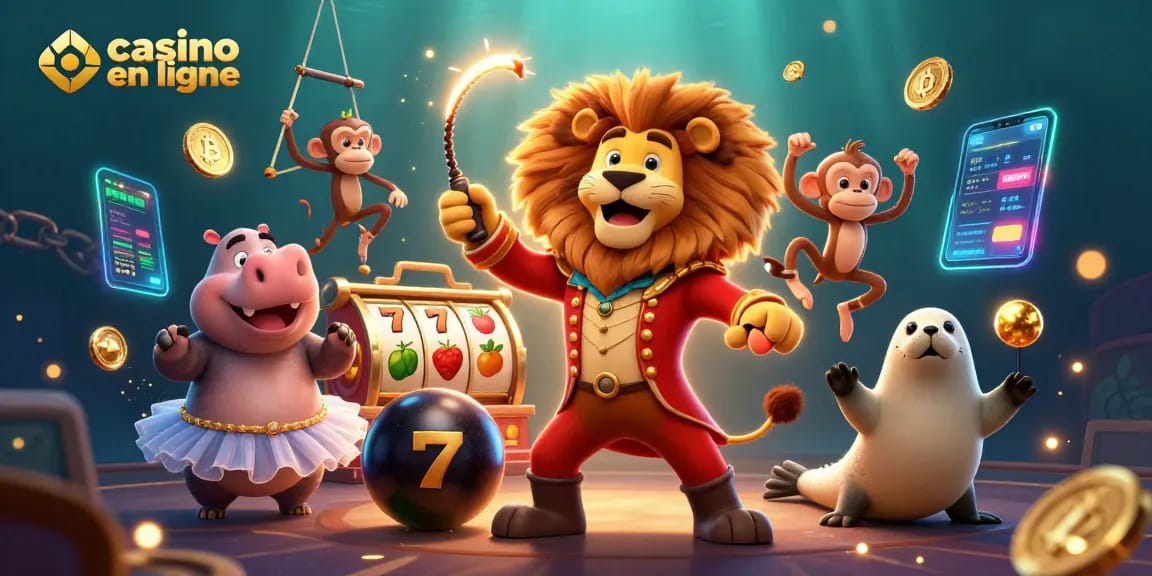 Vivez une action de casino en ligne palpitante avec une scène de cirque 3D vibrante mettant en avant des personnages et des éléments uniques.