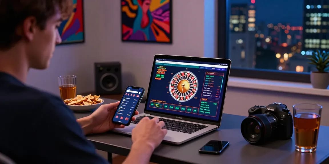 Engaging with a 토토사이트 while enjoying a cozy home environment, capturing the excitement of safe online betting.