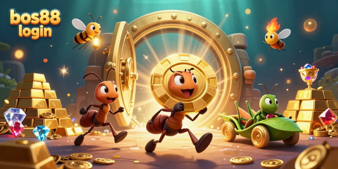Join the excitement at bos88 login with adorable ants stealing a gigantic poker chip amidst sparkling treasures.