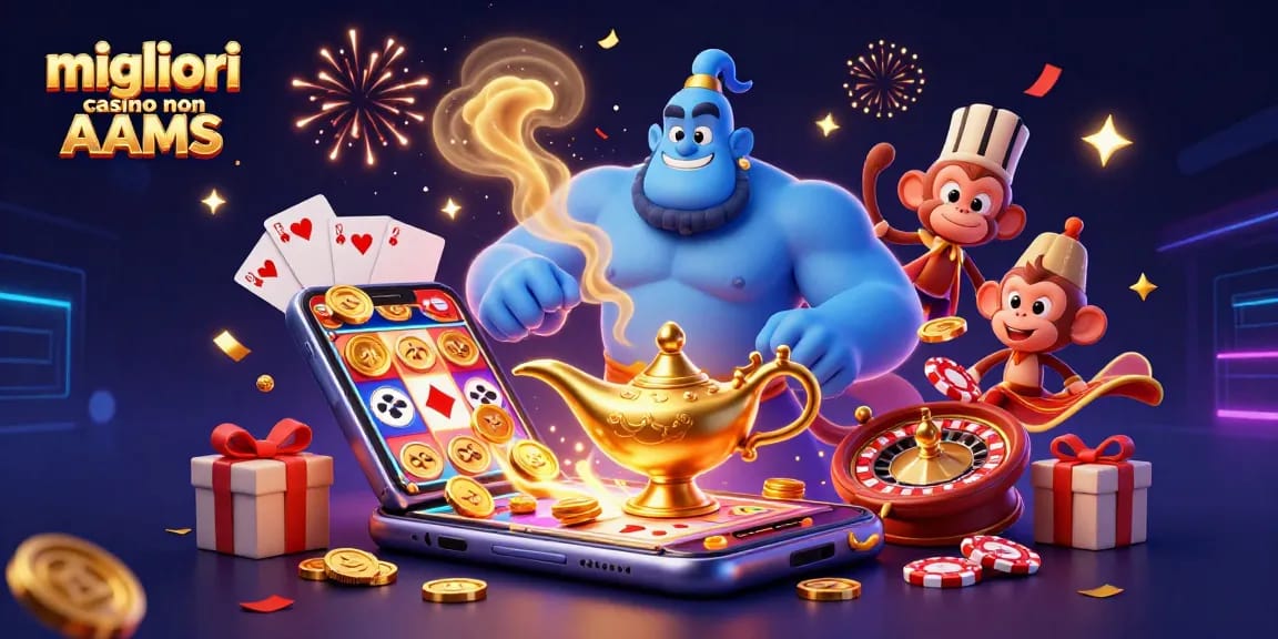 Esplora i migliori casino non AAMS con un'illustrazione 3D vibrante e festosa di giochi e personaggi.