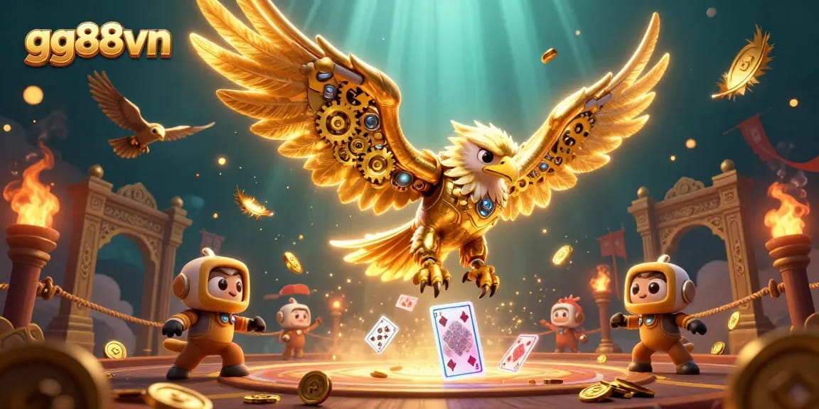 Experience thrilling action at gg88vn with our cybernetic eagle amidst holographic cards and vibrant casino elements.